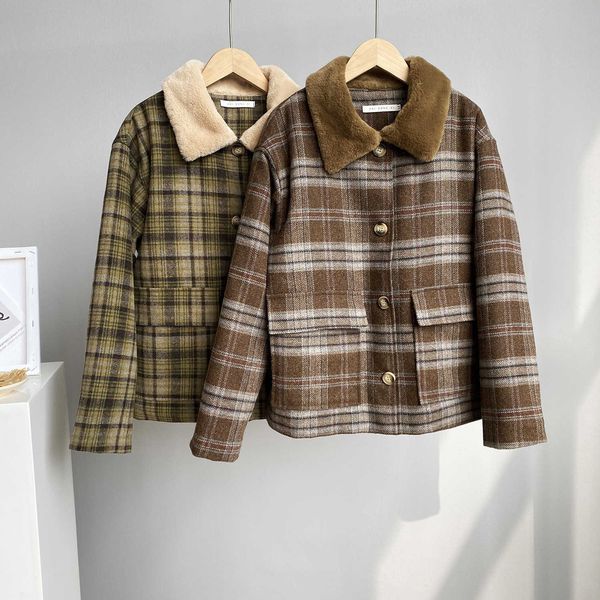 

short plaid tweed jacket women's antumn winter vintage long sleeve rabbit fur collar thicken warm coat 210607, Black