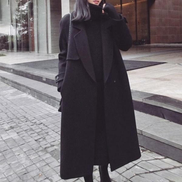 

women's wool & blends korean version overcoat woolen cloth lace fashion loose lapel autumn winter thicken keep warm long sleeve oat, Black