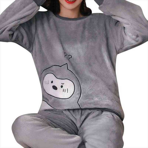 

winter warm flannel pyjamas women sleepwear sets thick coral velvet long sleeve cartoon thin pajamas set home, Black;red