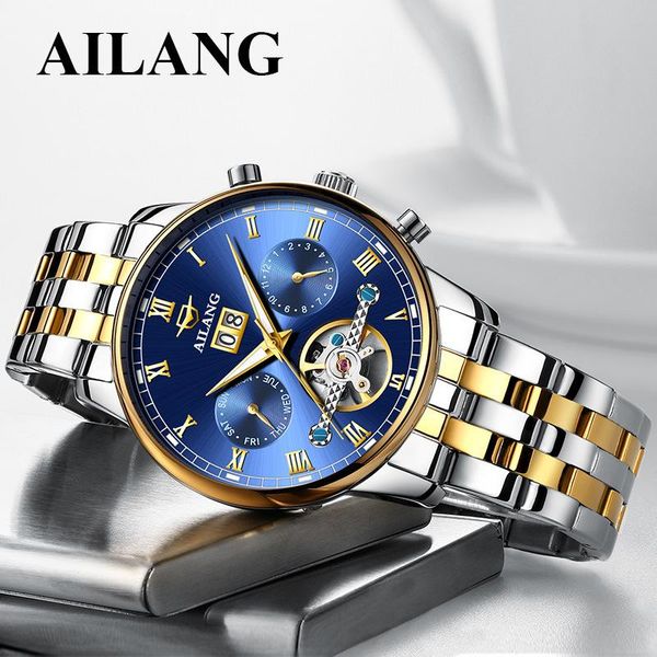 

wristwatches men mechanical watch automatic tourbillon business stainless steel strap blue dial calendar meilleure marque ailang 8823b, Slivery;brown