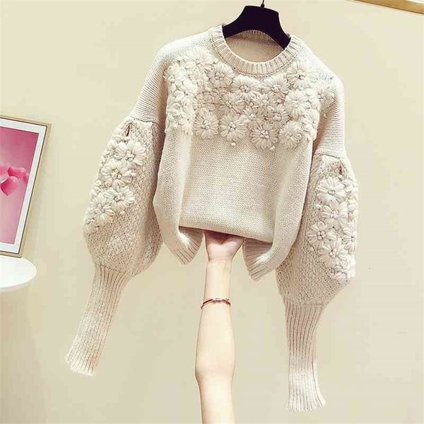 

autumn and winter korean lazy style lantern sleeve pullover sweater three-dimensional flower embroidery knitted women 210603, White;black