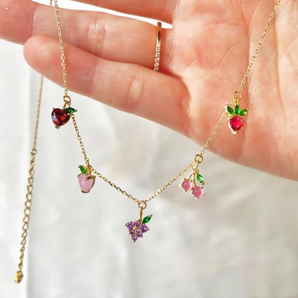

jewelry color zirconium cherry peach tropical fruit chain necklace, Black