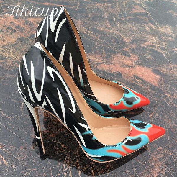 

dress shoes tikicup art graffiti print women patent pointed toe extemely high heels slip on patern pumps chic lady party stiletto, Black