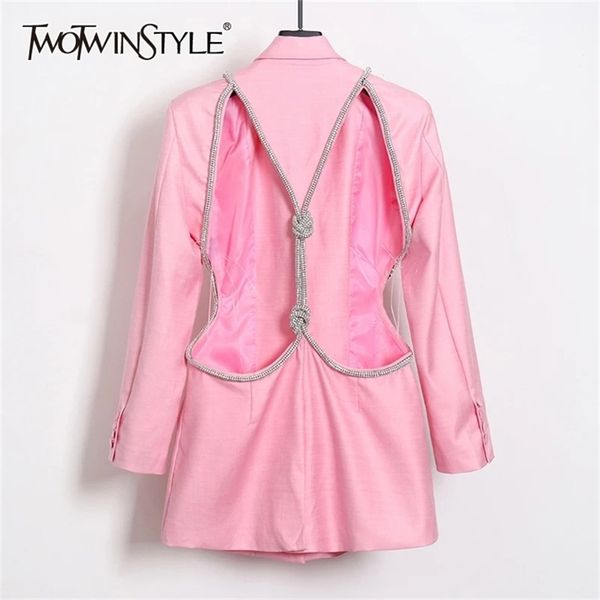 

twotwinstyle backless diamond blazer female lapel collar long sleeve slim hollow out women's coat fashion 211116, White;black
