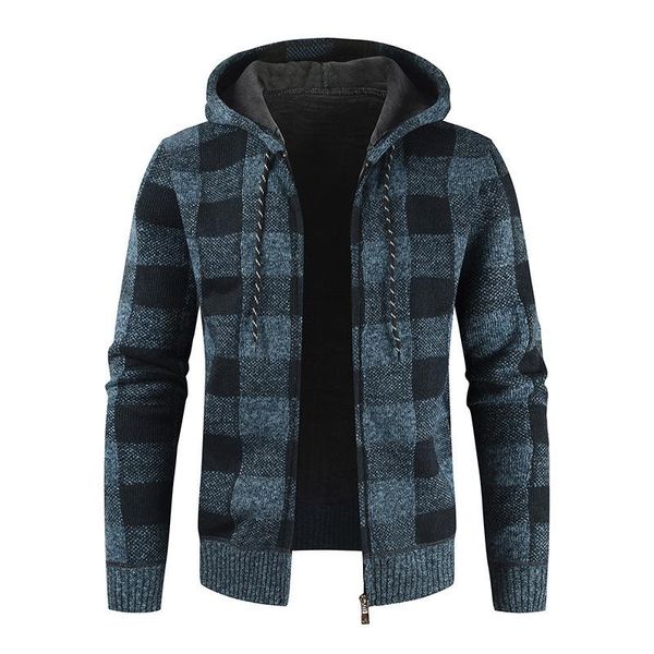 

men's sweaters winter thick cardigan sweater hooded casual plaid knitted jacket plus velvet warm zipper male fashion clothing, White;black