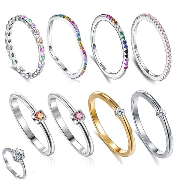 

925 sterling zilveren ringen voor vrouwen regenboog kleur dazzling cz steen vinger ring klassieke bruiloft accessoires vrouwelijke sieraden, Slivery;golden