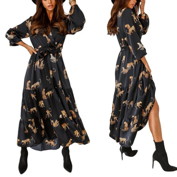 

casual dresses autumn women leopard loose dress high waist a-lined long sleeve v neck print party fall spring midi black, Black;gray