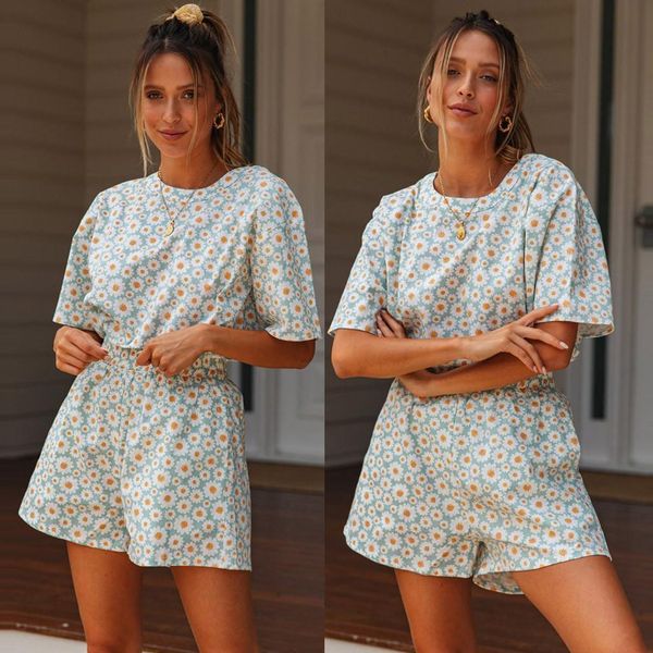 

fashion women shorts sets clothes o-neck floral print summer two piece set short sleeve t-shirt pocket shorts casual set #y3, Gray