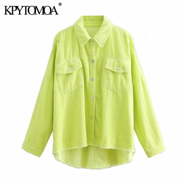 

kpytomoa women 2021 fashion oversized frayed trim corduroy blouses vintage long sleeve pockets loose female shirts chic cx200617, White