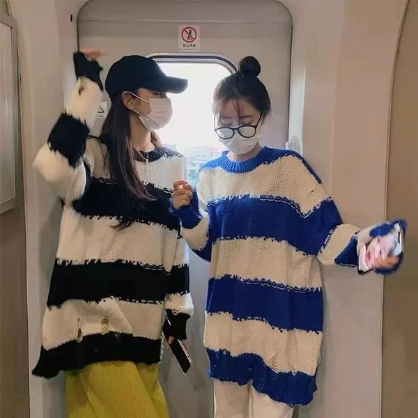 

women's sweaters stitching striped knitted long-sleeved sweater korean fashion oversized warm ripped pullover y2k jumper streetwear, White;black