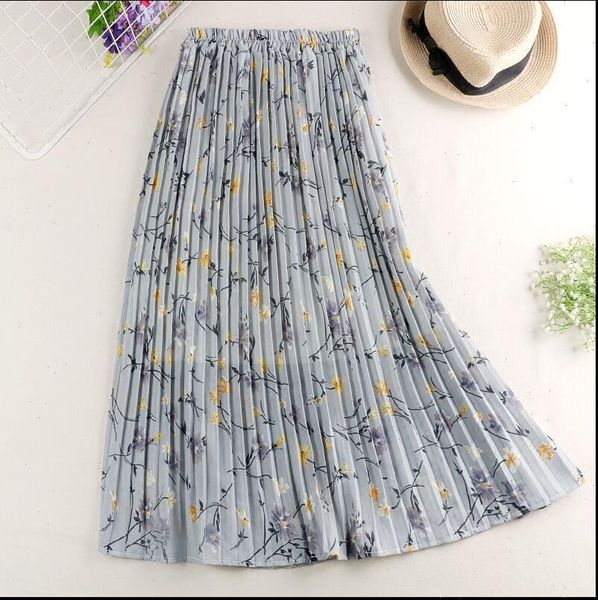 

women skirts elastic high waist pleated skirt elegant flower print midi skirt faldas mujer moda 2021 summer chiffon skirts, Black