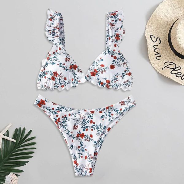 

bikini 2021 flower print high cut v neck trikini ruffles two pieces bikini swimwear swimsuit beachwear swimming suit for women