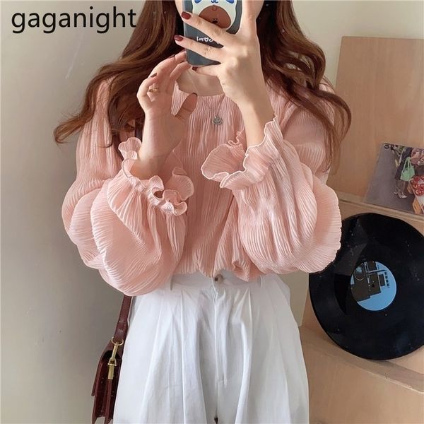 

gaganight fashion women chiffon blouse solid office lady long sleeve shirt slim korean blusas sweet girl blouses chic korean new 210315, White