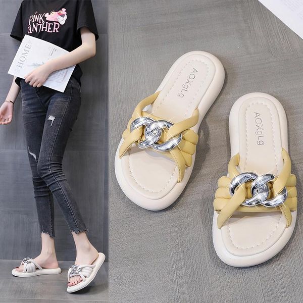 

slippers 2021 summer fashion women's flip flops square head metal chain comfortable open toe sandals flat shoes casual, Black