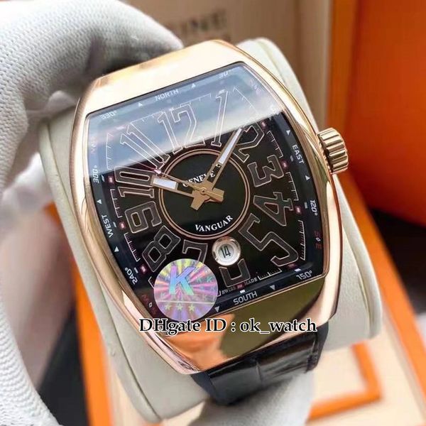 

new men's collection vanguard v 45 sc dt miyota automatic mens watch rose gold case black dial white leather rubber strap hight quality, Slivery;brown
