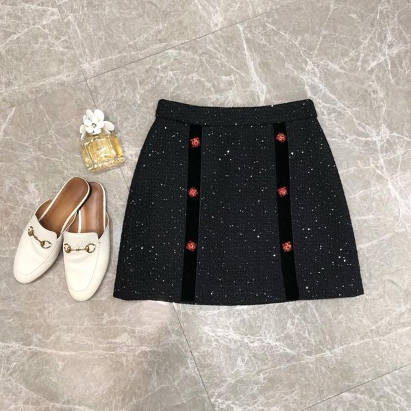 

skirts ladies 2021 fashion stitching velvet small sequins a-shaped skirt 0919, Black
