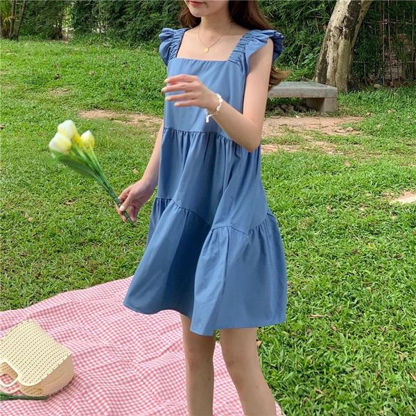 

casual dresses sleeveless dress women ruffles pleated square collar solid sweet n style chic summer mini vestidos womens harajuku loose, Black;gray