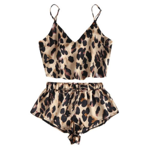 Seksi Saten Sling Leopar Pijama Set Kadın Günaha Pijama Femme Kadınlar Kırpılmış Tüp Tops Tank Şort Pijama Homewear Q0706