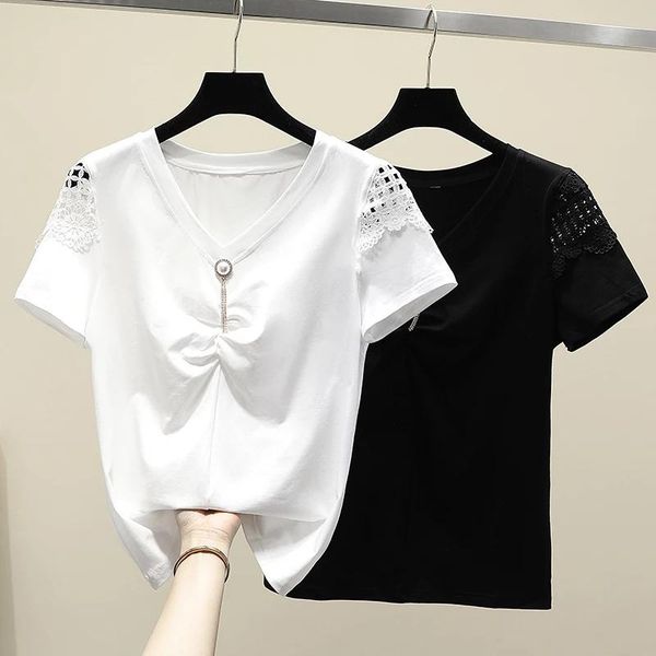 

women's t-shirt summer cotton basic white v-neck women solid casual short sleeve tee shirt female knitted hollow out tshirt ladies