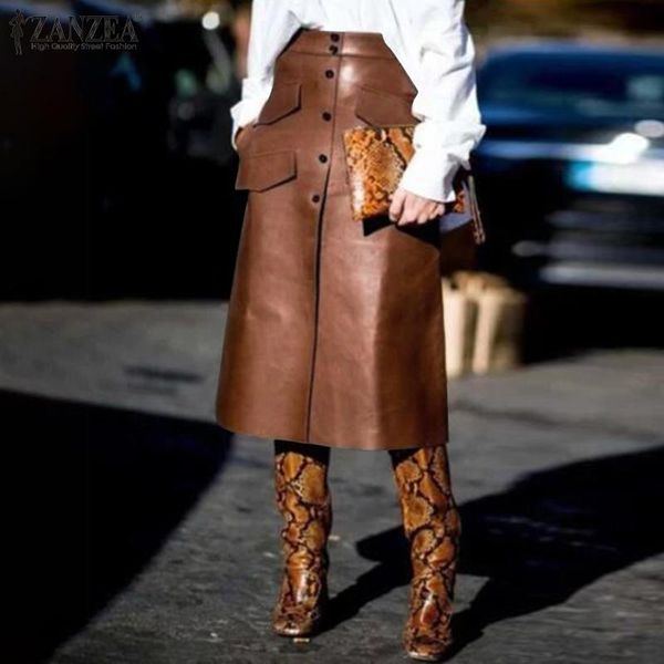 

zanzea 2021 casual fashion front split skirts women's pu leather vestidos spring high waist pockets skirts plus size solid robe, Black