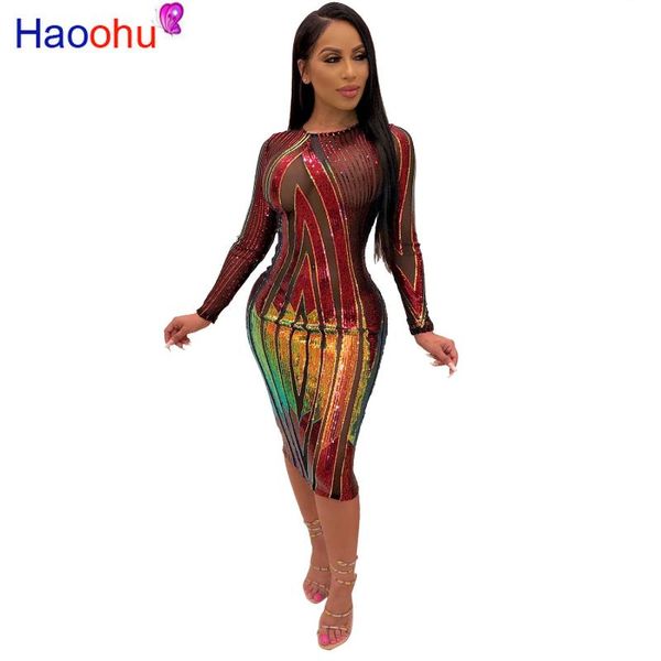 

casual dresses haoohu colorful sequins sheer mesh bodycon dress o neck long sleeve sheath midi night club party 2021 vestidos, Black;gray