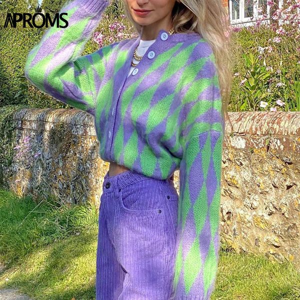

aproms vintage green purple plaid knitted cardigan women winter oversized soft sweater female high fashion outerwear 2021 210218, White;black