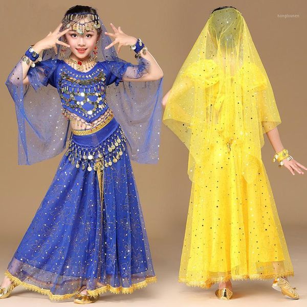 Bühnenkleidung Mädchen Bollywood Tanzkostüm Set Kinder Bauch Sari Kinder Chiffon Outfit Halloween Top Gürtel Rock Schleier Kopfbedeckung