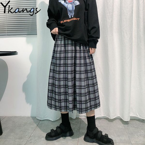 

2021 plaid women autumn pleated female vintage high waist school girls long skirt harajuku korean style jupe femme faldas mujer jeot, Black