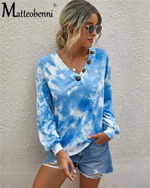 

2021 tees tie-dye printing long sleeve v neck pullover shirts female spring autumn basic women t shirt streetwear new ra1s, White