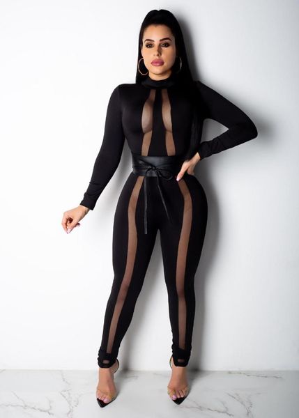 

women's jumpsuits & rompers ahvit patchwork mesh see through women long sleeve back hollow out skinny nightclub party romper yd-y8070, Black;white