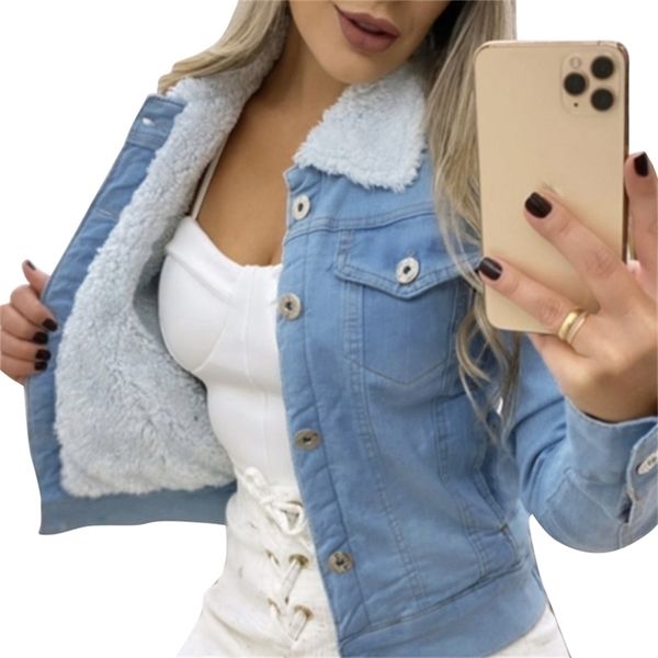 

sale jean jacket winter denim women vintage lambswool warm s trendy wide long sleeve outwear coats 210922, Black;brown