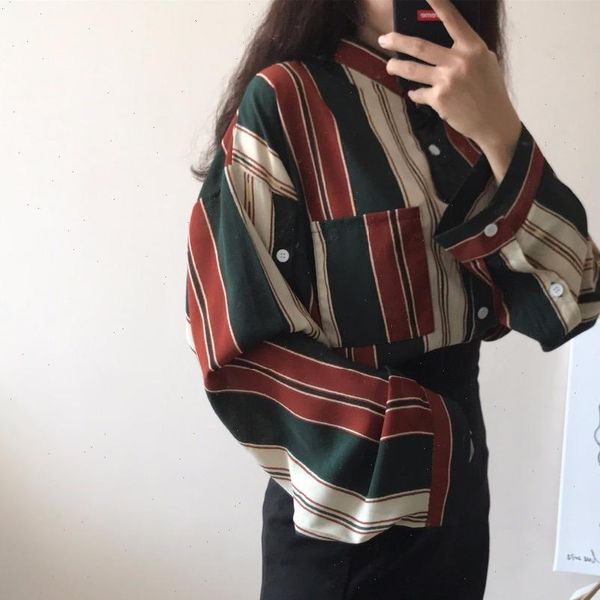 

2021 autumn spring shirts women striped slim stand collar women casual shirts ladies female shirts vintage, White