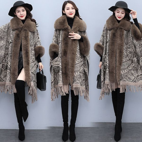 

winter women's capes wool shawl ponchos coat faux fur cloak batwing sleeve overcoat lady elegant outwear stoles turn down collar windpr, Black