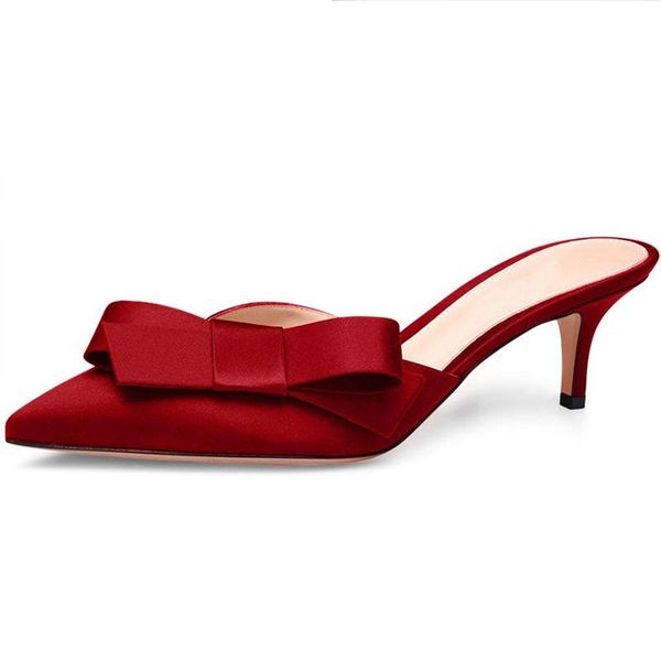 

sweet mule for women bow tie mules slip-on kitten heels pointed toe sandals satin dress causal shoes 6.5 cm, Black
