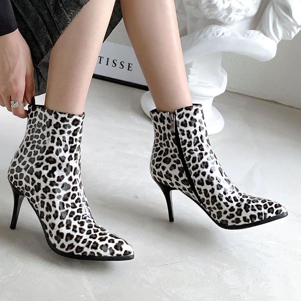 

boots 2021 arrival short women ankle fashion leopard print zipper leather shoes for girls ladies thin heel dropship, Black
