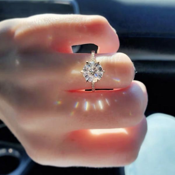 

classic six claws rings finger 925 sterling silver 2ct round simulated diamond wedding engagement ring set for women jewelry, Slivery;golden