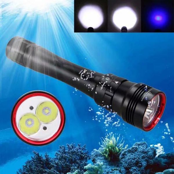 

underwater 30m xm-l2 x2 diving scuba 18650 26650 battery 3200lumen white light+ blue light torch dive flash light dx2