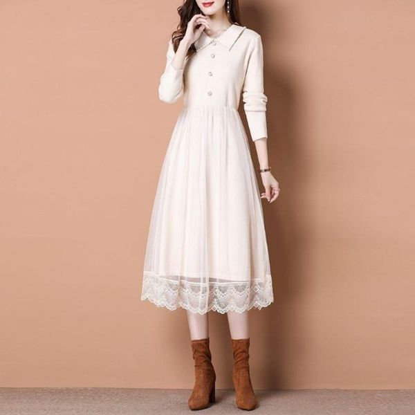 

casual dresses winter knitted spliced lace hem sweater dress women elegant lapel beading a-line party korean long sleeve base fall, Black;gray