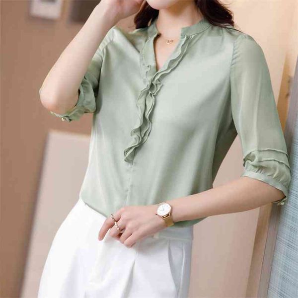 

korean silk women blouses shirt ruffles satin blouse office lady v neck plus size blusas femininas elegante 210531, White