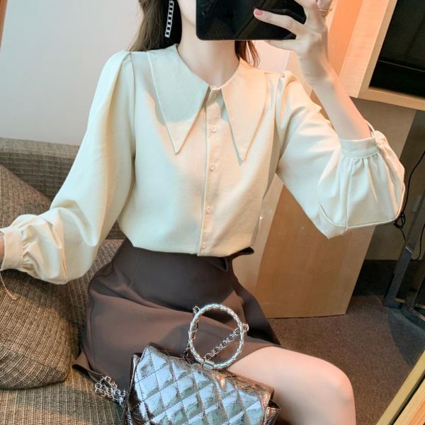 

women's blouses & shirts blusas elegantes women spring 2021 chiffon shirt female long-sleeved doll collar lantern sleeve office ladies, White