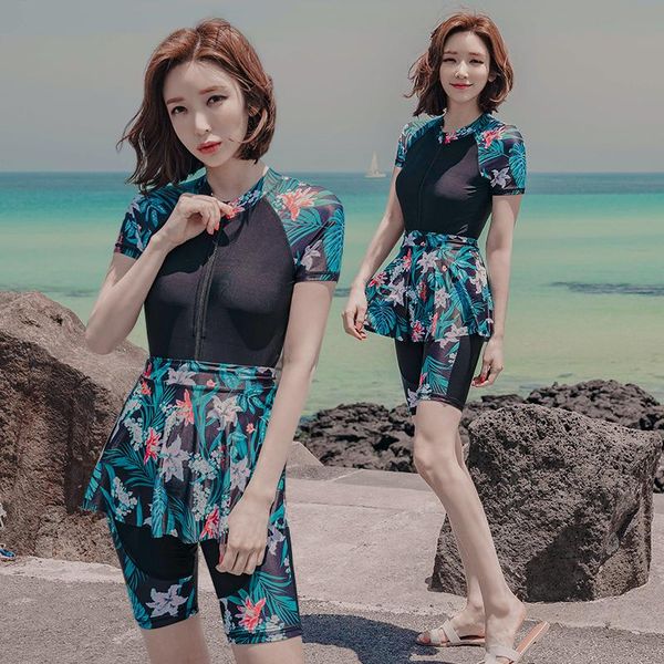 

printed short sleeve swimwear women zipper one piece swimsuit separate floral skirt bathing suits female swimming suit beachwear
