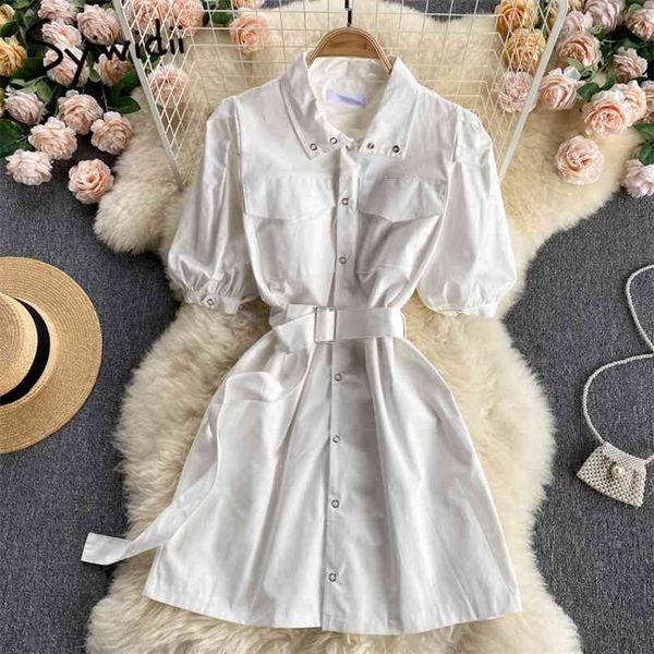 

vintage dress for women summer pockets puff sleeve turn-down collar button up a-line mini dresses with sashes 210607, Black;gray