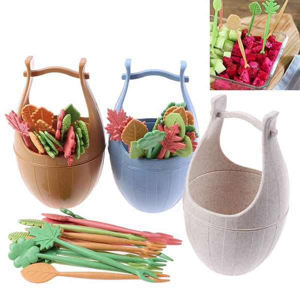 

2021 1 set wheat straw leaves fruit forks snack dessert forks cake salad vegetable picks bento accessories kitchen