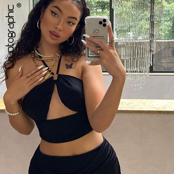 

women's tanks & camis cryptographic fashion cut-out black halter sleeveless crop for women rave festival backless girls cropped, White