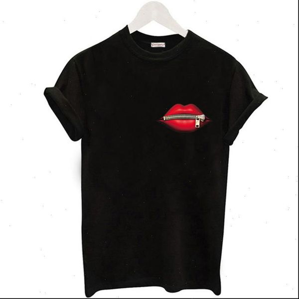 

new female creativity zipper lips summer fashion womens casual red lip t shirt short sleeve black t shirts, White