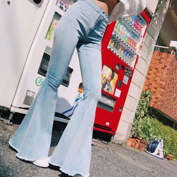 

women's jeans trumpet clothing casual fashion high waist slimming big street fixed color, Blue