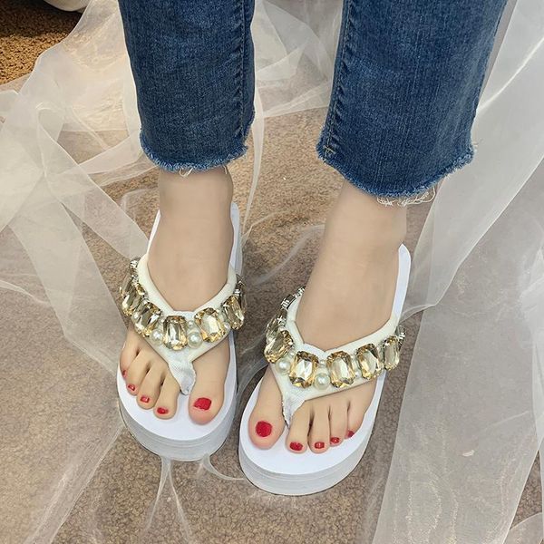 

slippers llogai summer rhinestone flip-flops holiday platform sandals black and white color pink beaded pantoffel