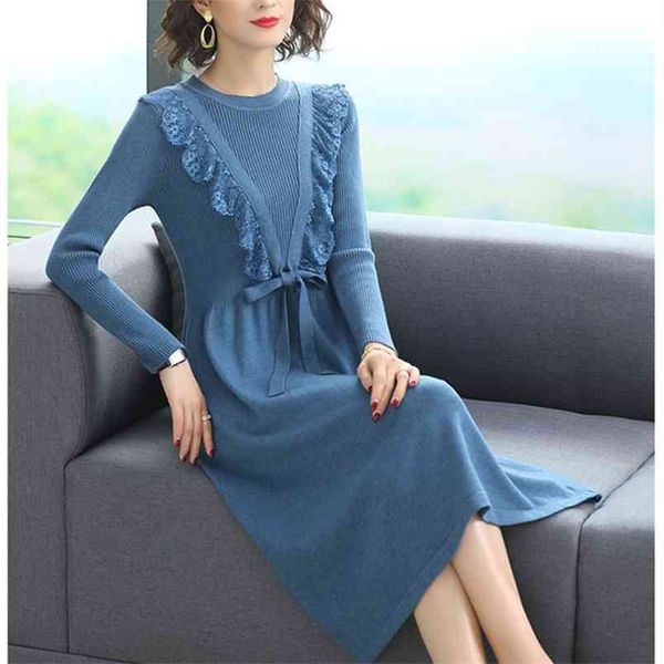 

female knitted dress for women fall winter midi-length slim fit lace a-line dresses black casual mother clothes kobieta sukienka 210604, Black;gray