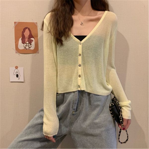 

women's knits & tees thin knit cardigan with low-cut v, short female summer jacket long sleeve, v. sunscreen, loose ipoz, White