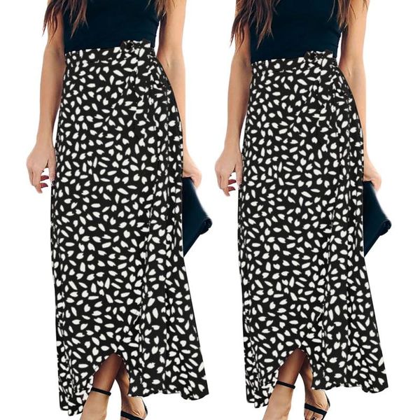 

skirts 2pcs summer skirt women polka dot print long maxi fashion split high waist a-line knee length wrap skirt-black, & l, Blue